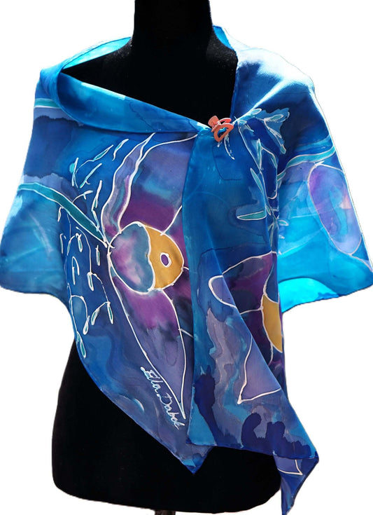 SCARF, HAND PAINTED ON SILK - Pasque Flower - Ella Dabek Art