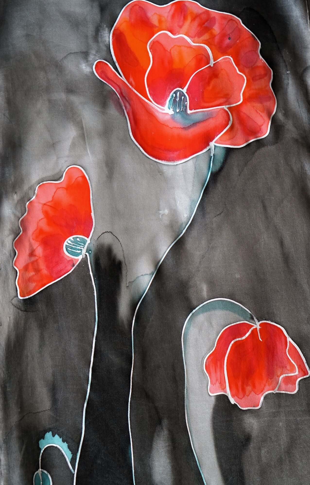 Red Poppies in Dark Gray Art Print – Bold Floral Wall Art by Ella Dabek