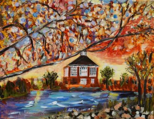 Painting of a little building in Redlin Art Center with autumnal trees