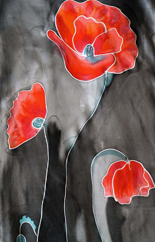 Red Poppies in Dark Gray Art Print – Bold Floral Wall Art by Ella Dabek