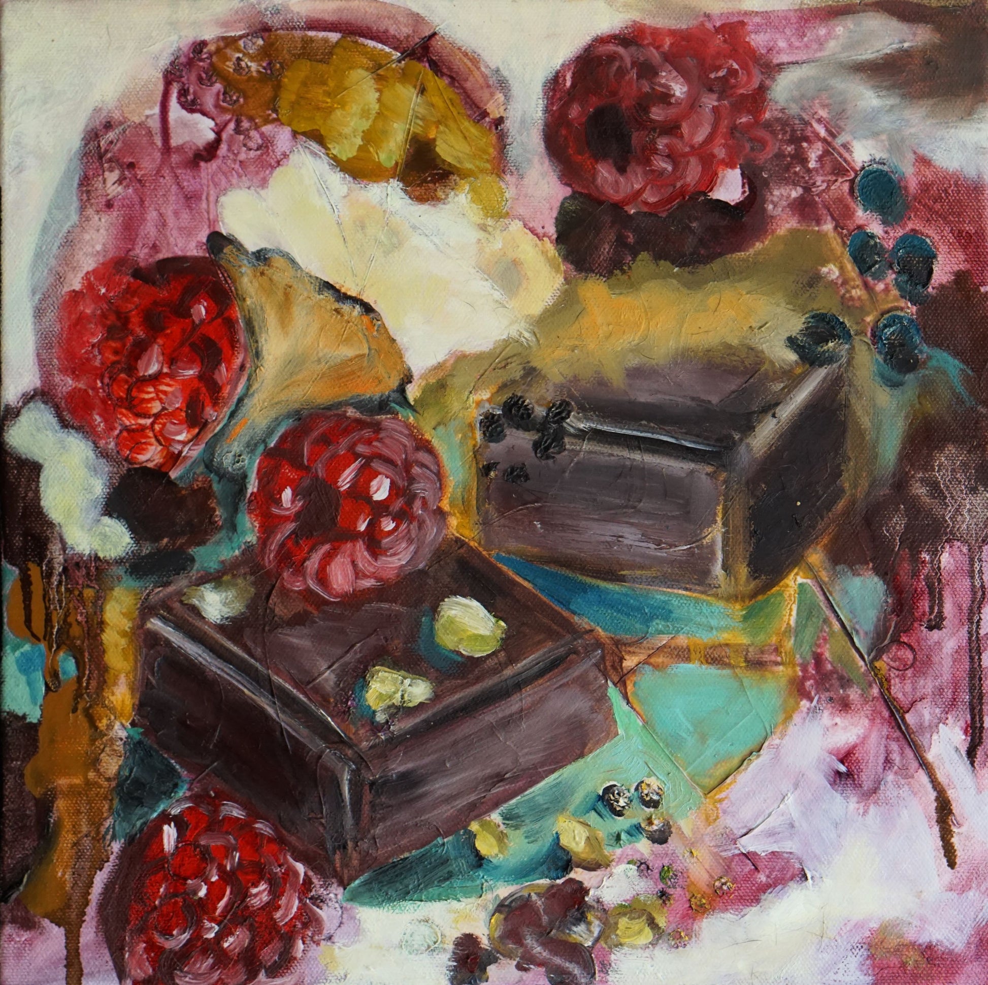 Colorful painting of chocolates pieces and raspberries with a mix of warm and cool tones.